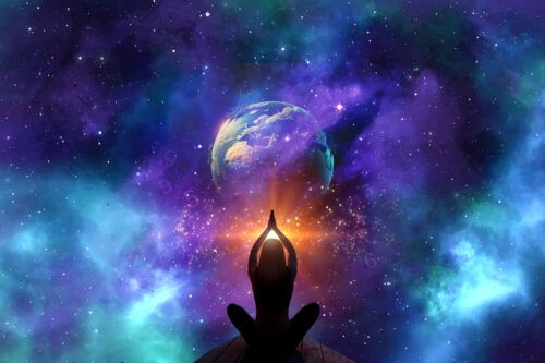 Imagem ilustrativa sobre a Federação Galáctica mostrando uma pessoa meditando de frente para o universo.