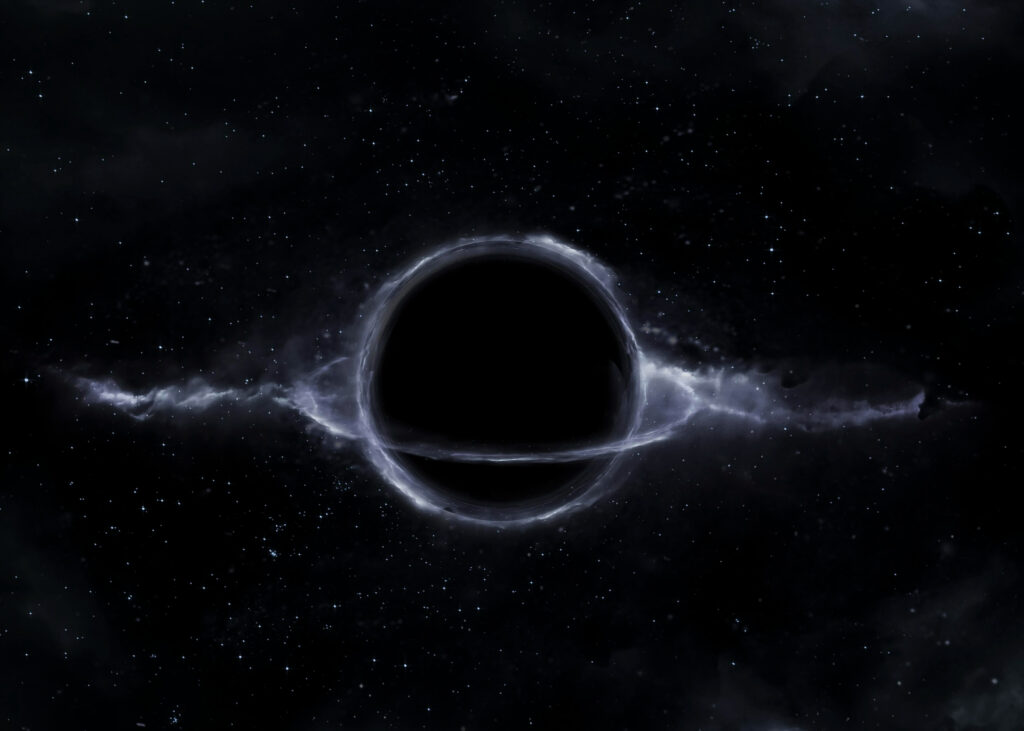 Imagen ilustrando o conteúdo sobre reintegração cósmica mostrando um buraco negro cercado por estrelas.