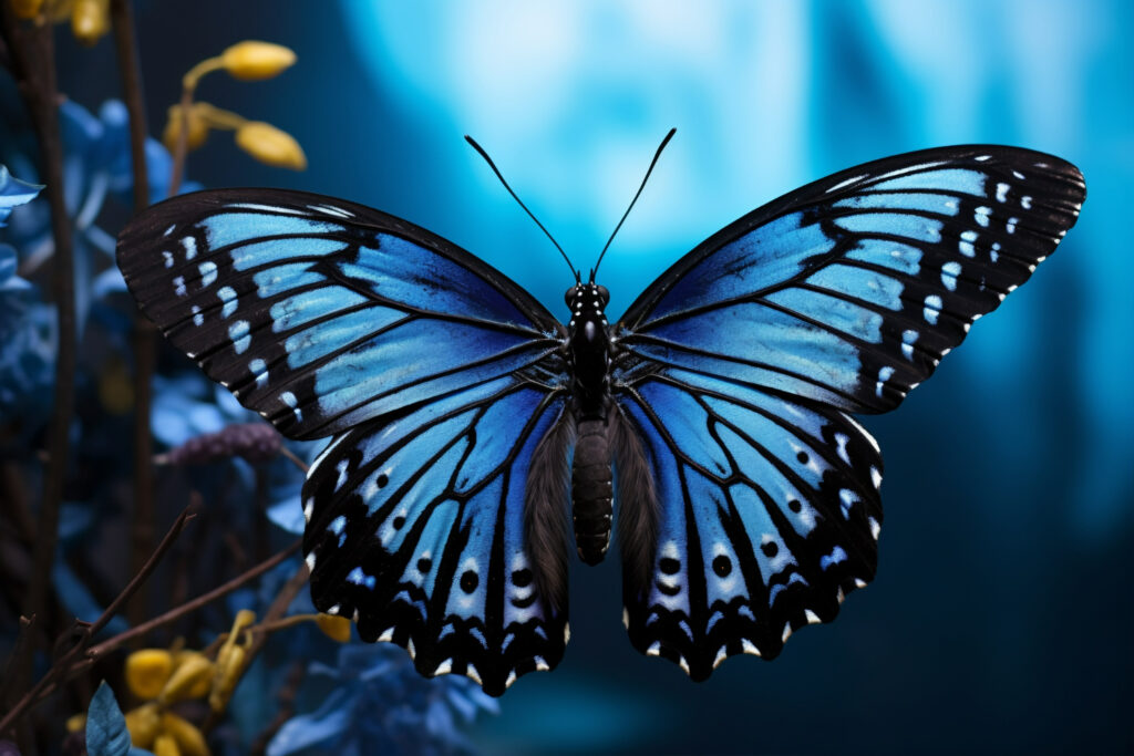 Imagem ilustrando o conteúdo sobre proteção espiritual mostrando uma borboleta azul. Imagem gerada por IA.