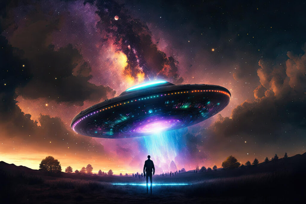 Imagem ilustrativa sobre civilizações perdidas mostrando um humano olhando um OVNI. Imagem gerada por IA.