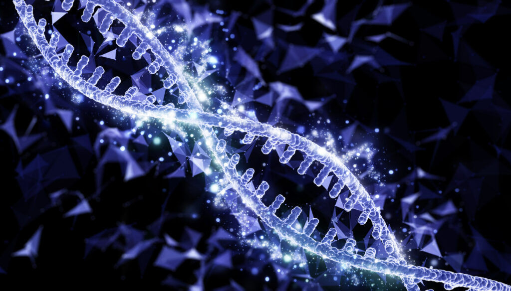Imagem ilustrando o conteúdo sobre epigenética mostrando uma cadeia de DNA em tons de roxo.