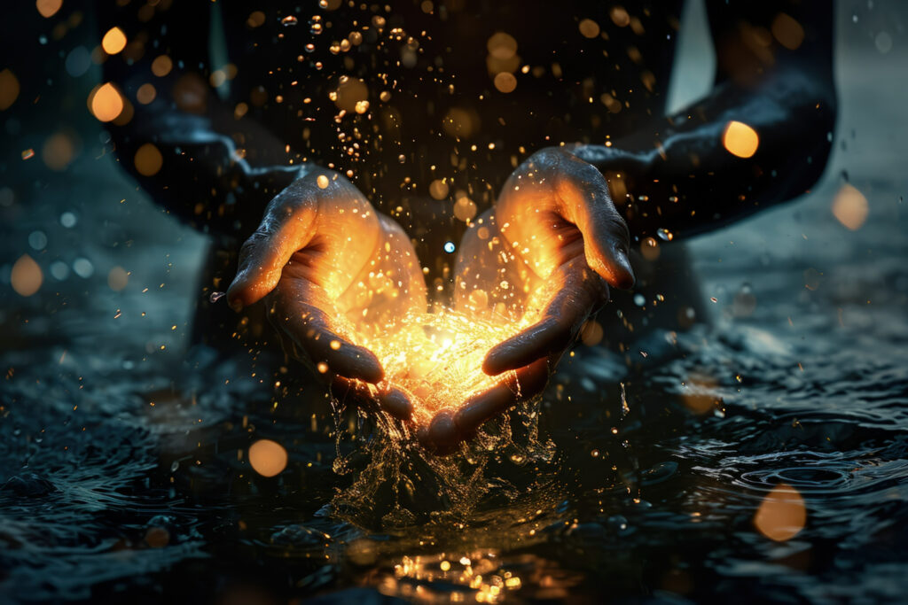 Imagem gerada por IA ilustrando o conteúdo sobre Alta Magia, mostrando um iniciado na prática segurando uma matéria luminosa nas mãos.