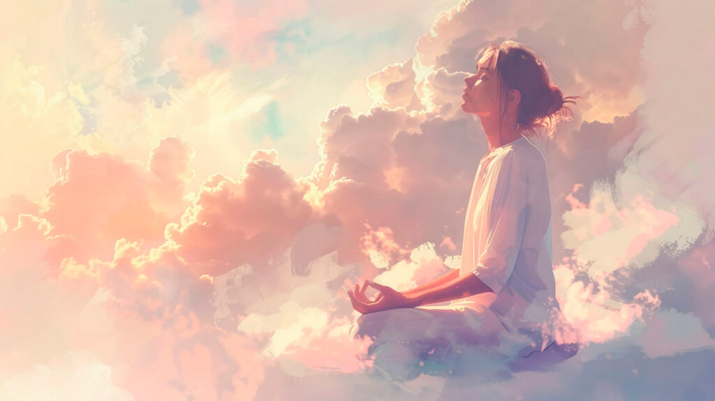 Imagem gerada por IA ilustrando o conteúdo sobre ritual de purificação dos corpos sutis mostrando uma mulher meditando em meio às nuvens.