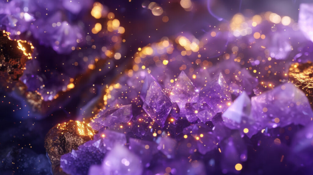 Imagem gerada por IA ilustrando o conteúdo sobre Metamagia, mostrando um cristal roxo coberto de pó dourado.
