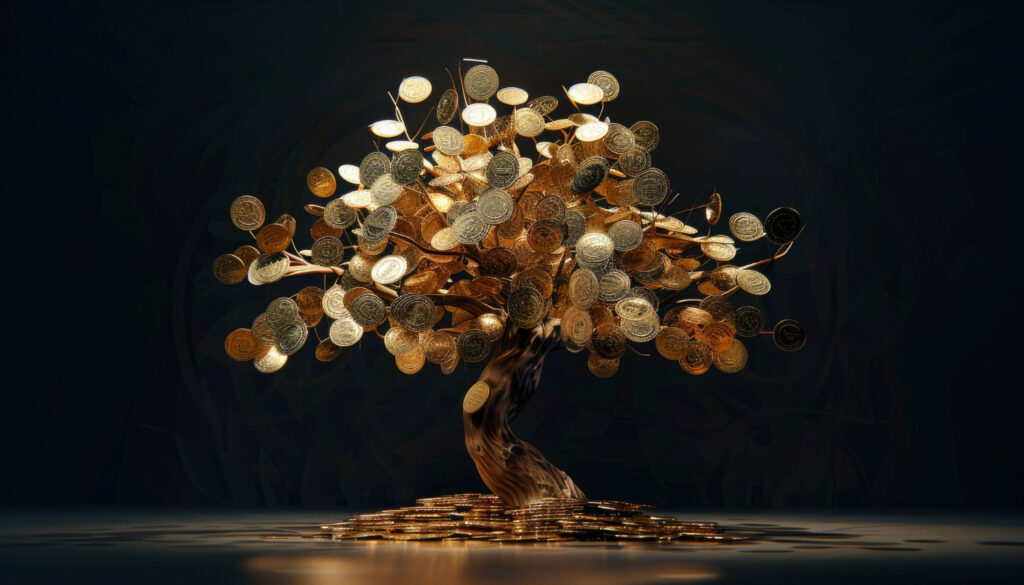 Imagem gerada por IA ilustrando o conteúdo sobre prosperidade espiritual mostrando uma árvore de dinheiro, com muitas moedas douradas.