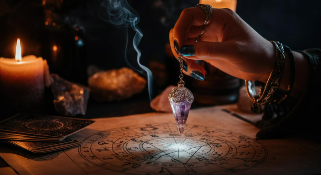 Imagem ilustrando o conteúdo sobre as leis herméticas mostrando uma pessoa ligada ao esoterismo praticando rituais mágicos, baseados no hermetismo.