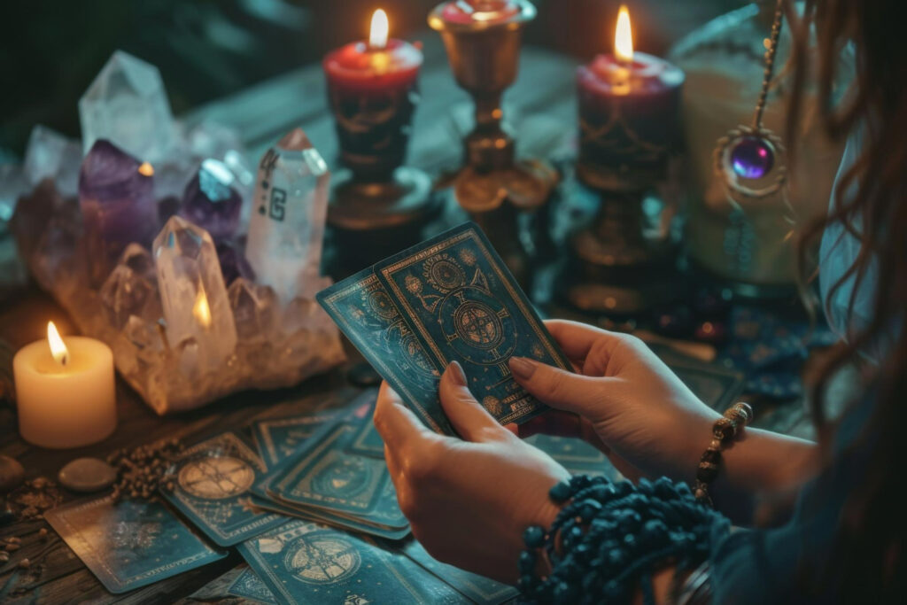 Imagem gerada por IA ilustrando o conteúdo sobre esoterismo moderno mostrando uma praticante de magia em seu altar.