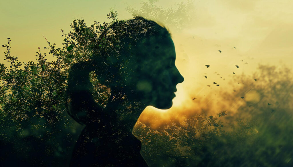 Imagem ilustrando o conteúdo sobre psicologia junguiana mostrando uma mulher mesclada, ambientada na paisagem de folhas plantas.