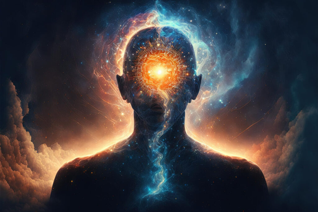 Imagem ilustrando o conteúdo sobre expansão da consciência mostrando um formato de busto (cabeça, pescoço e ombos) e um universo iluminado.