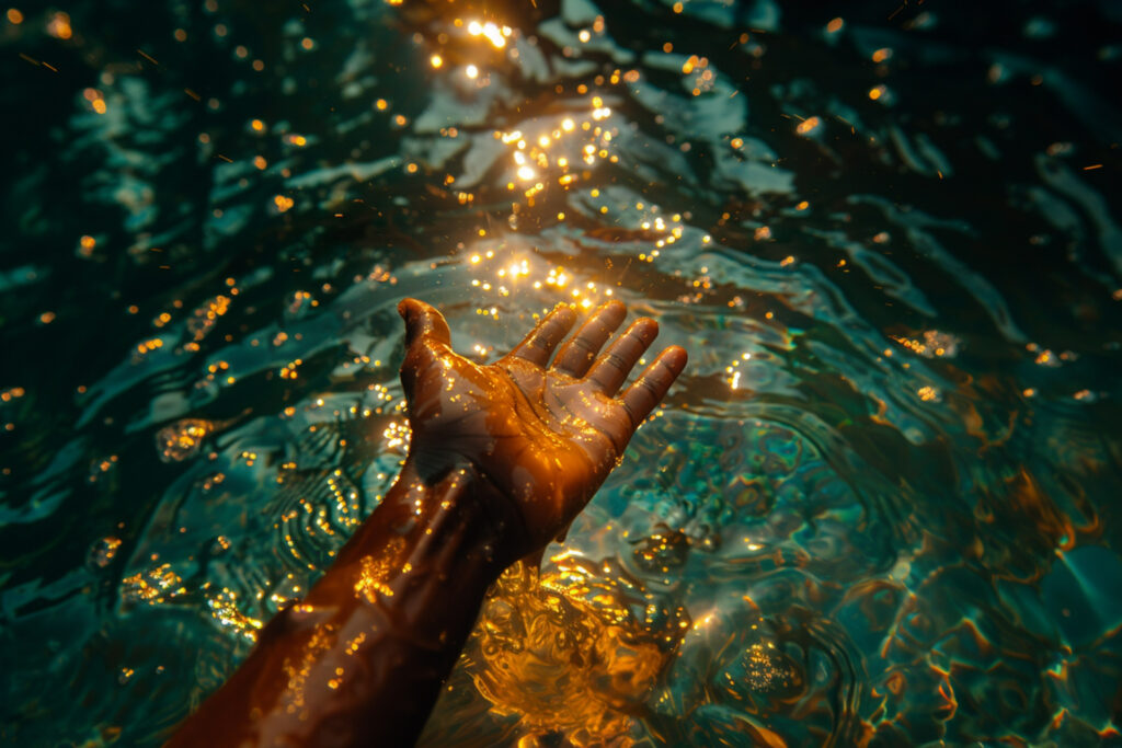 Imagem gerada por IA ilustrando o conteúdo sobre as águas sagradas na magia, mostrando uma pessoa tocando em um rio de água cristalina e iluminada pelo sol.