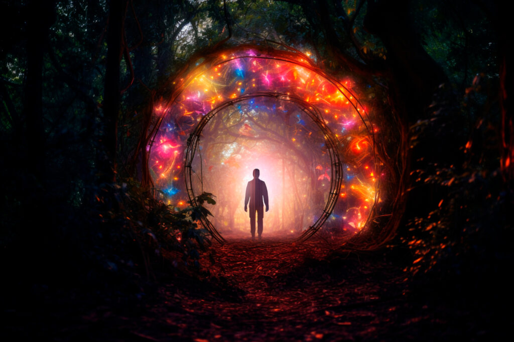 Imagem gerada por IA ilustrando o conteúdo sobre magia mental. A imagem mostra um portal em meio a uma floresta e um mago entrando nesse portal.