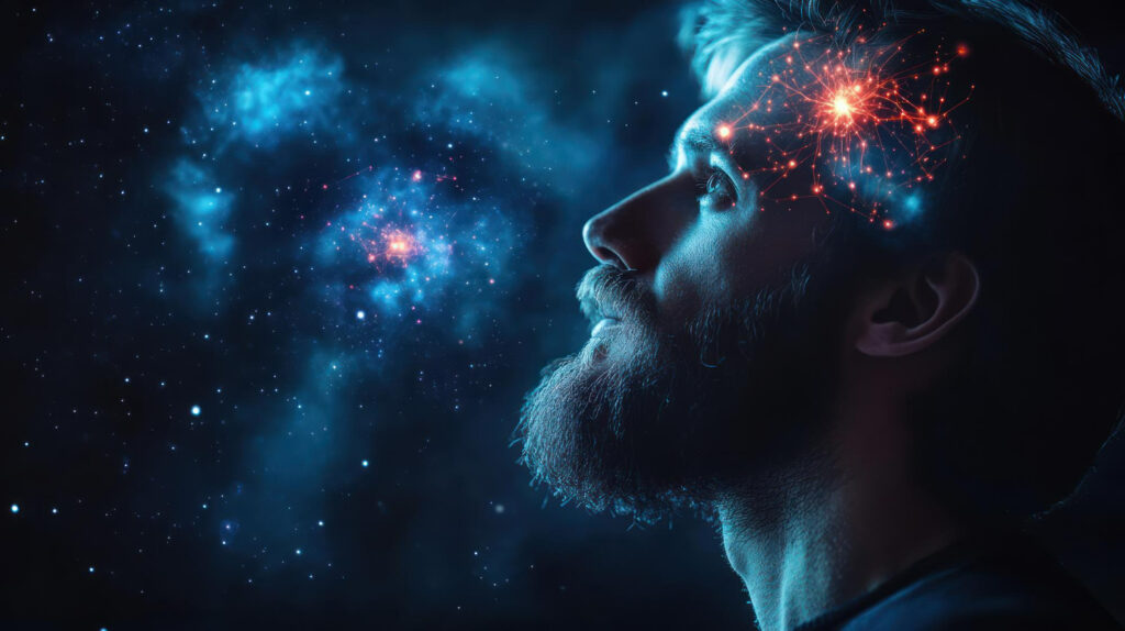 Imagem gerada por IA ilustrando o conteúdo sobre expansão da cosciência, mostrando um homem e, atrás dele, muitas estrelas e nebulosas, representando sua conexão com o universo.