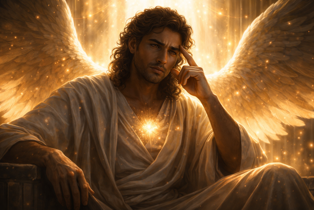 Imagem gerada por IA ilustrando o conteúdo sobre quem foi Lúcifer, mostrando uma figura angelical e questionadora envolta em luz.