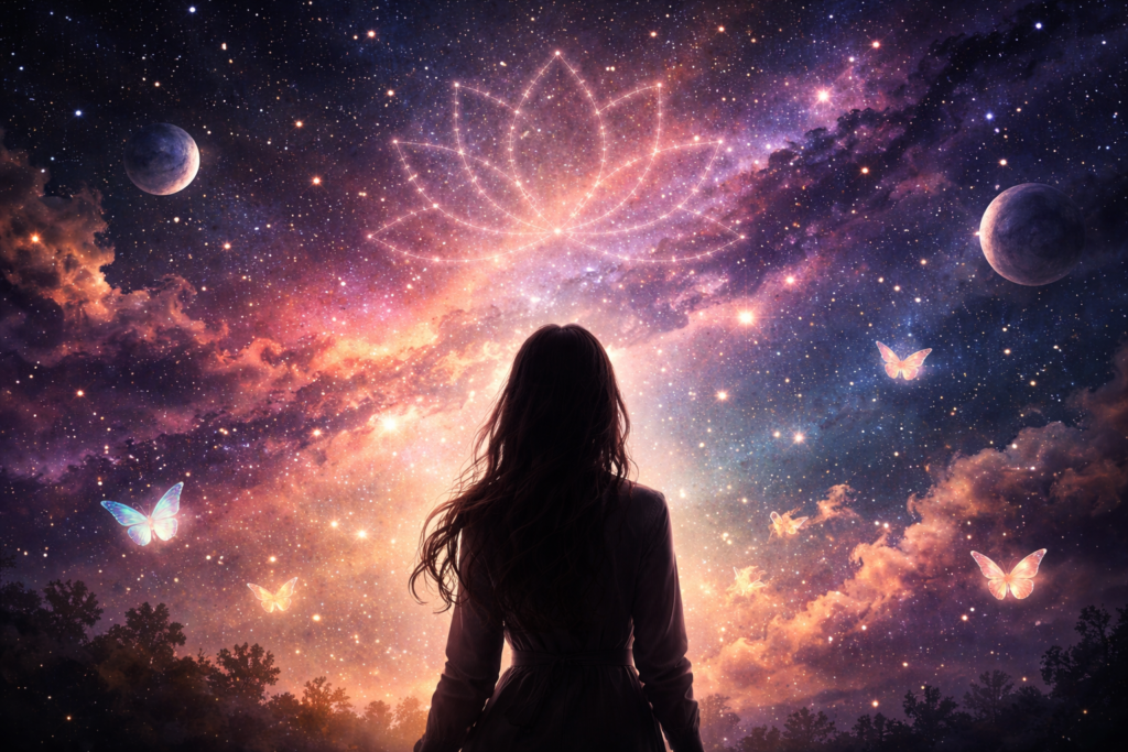 Imagem gerada por IA ilustrando o conteúdo sobre semente estelar, mostrando uma mulher que contempla o universo à sua frente.