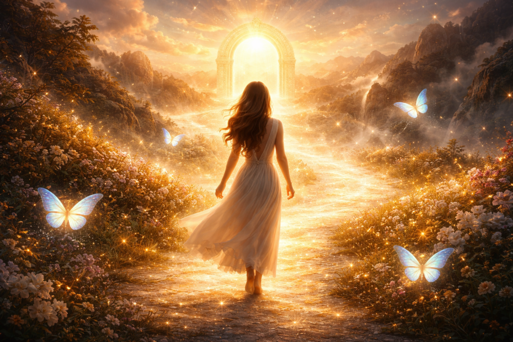 Imagem gerada por IA ilustrando o conteúdo sobre jornada da alma, mostrando uma alma feminina percorrendo um caminho iluminado e florido.