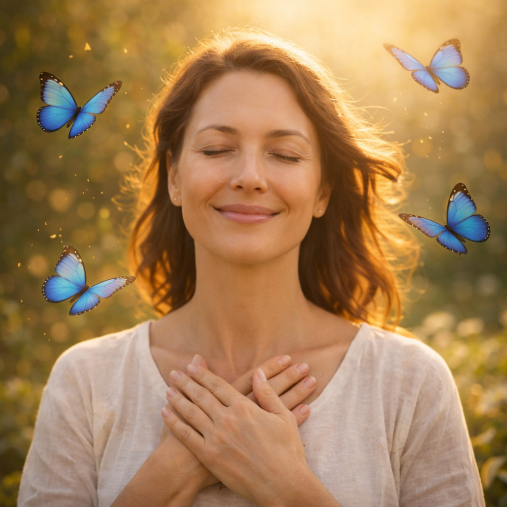 Imagem gerada por IA ilustrando o conteúdo sobre o que é prosperidade, mostrando uma mulher próspera e tranquila rodeada de borboletas azuis.