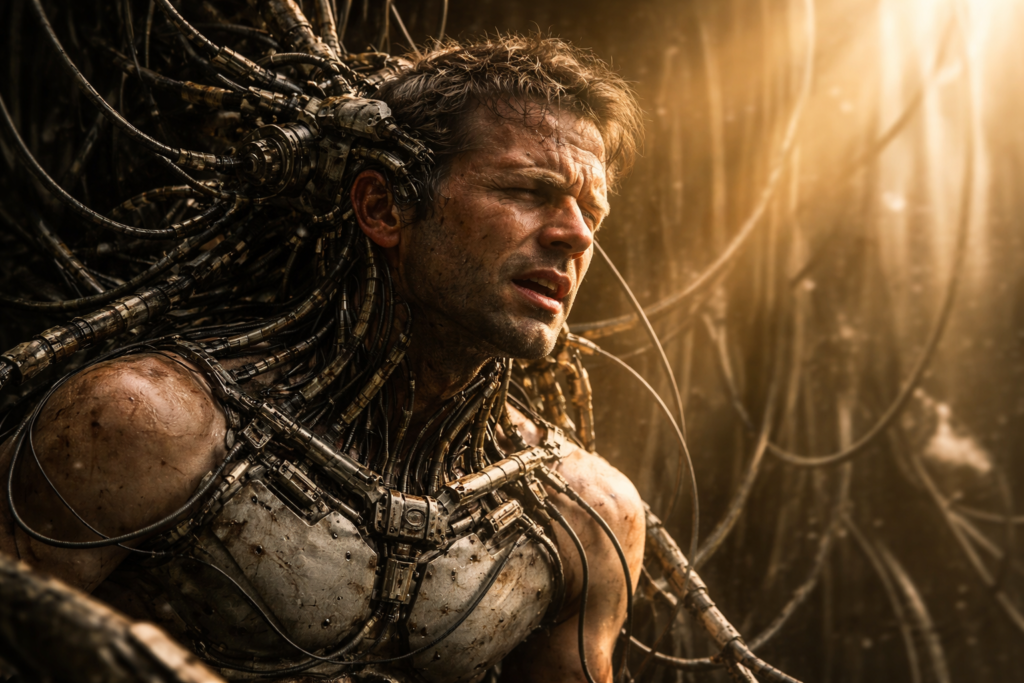 Imagem gerada por IA ilustrando o conteúdo sobre transumanismo, mostrando um homem sendo tomado por máquinas.