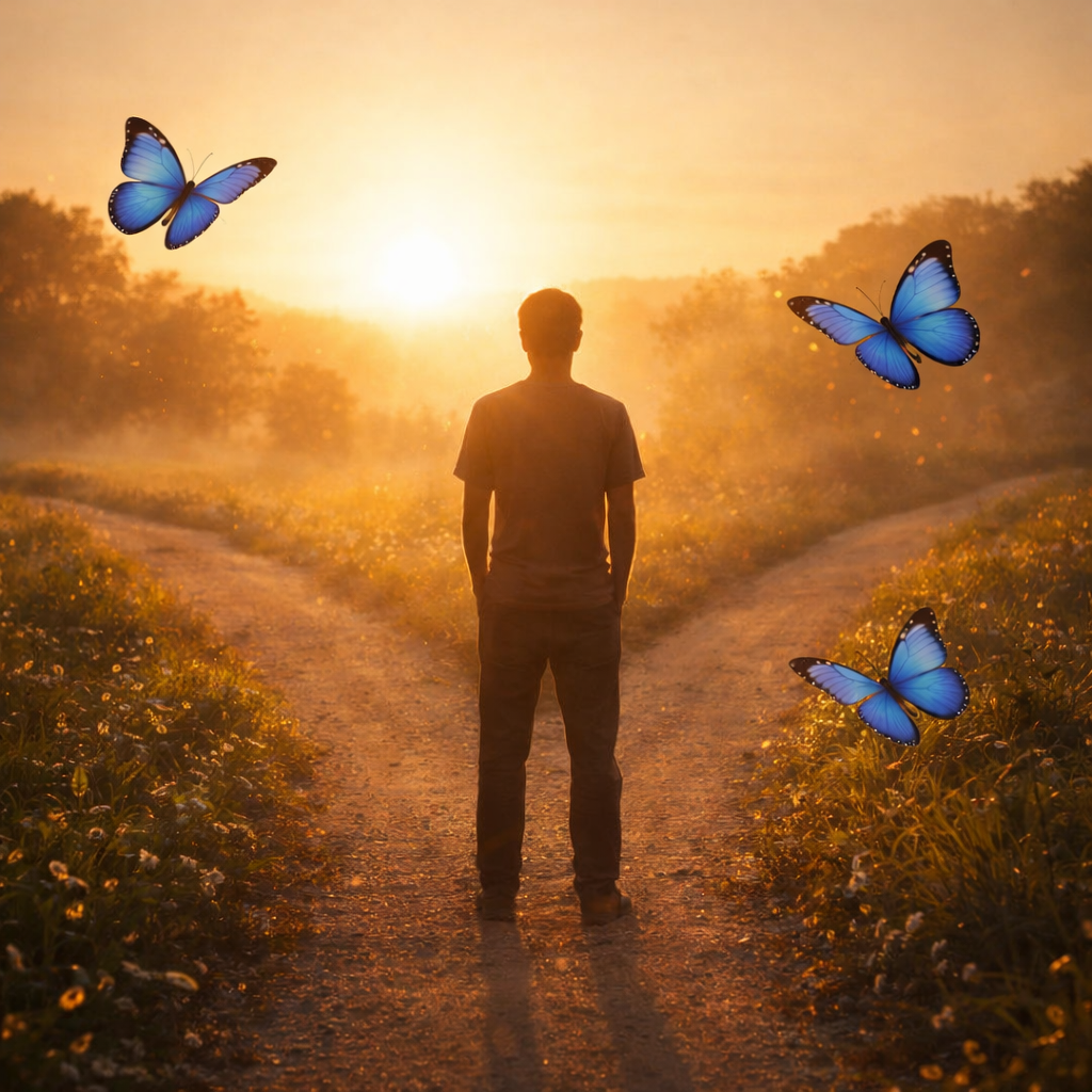 Imagem ilustrando o conteúdo sobre livre-arbítrio mostrando um homem em uma estrada bifurcada, tomando a decisão de qual caminho seguir.