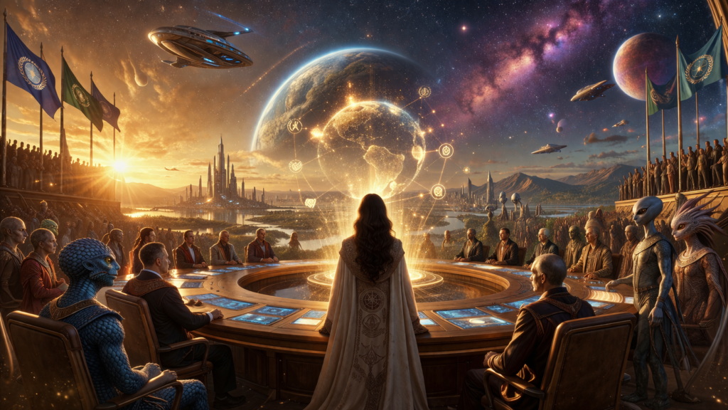 Imagem gerada por IA ilustrando o conteúdo sobre exopolítica mostrando uma reunião entre líderes das diversas raças estelares.