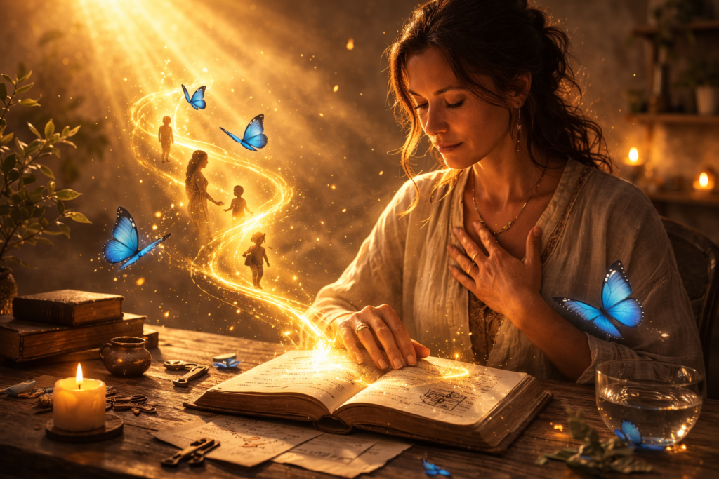 Imagem gerada por IA ilustrando o conteúdo sobre autoresponsabilidade e reencarnação mostrando uma mulher com a espiritualidade acentuada se conectando a seus antepassados de forma responsável e consciente.