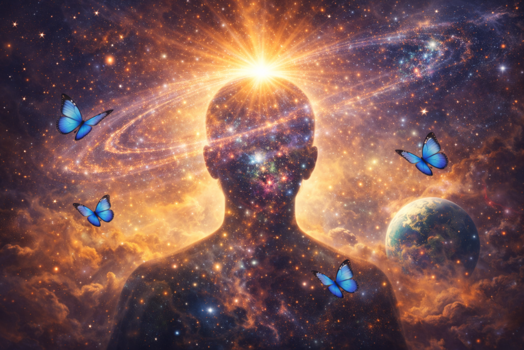 Imagem gerada por IA ilustrando o conteúdo sobre consciência cósmica sob a visão da Escola de Magia.