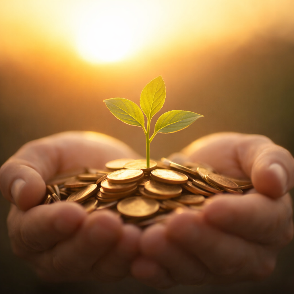 Imagem gerada por IA ilustrando o conteúdo sobre rituais de prosperidade em 2026, mostrando duas mãos repletas de moedas.