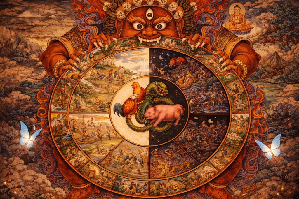 Imagem gerada por IA ilustrando o conteúdo sobre o que é Samsara, a roda da vida.