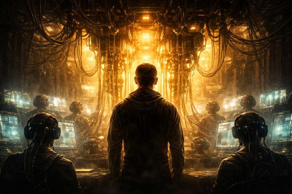 Imagem gerada por IA ilustrando o conteúdo sobre tecnocracia e controle da mente.