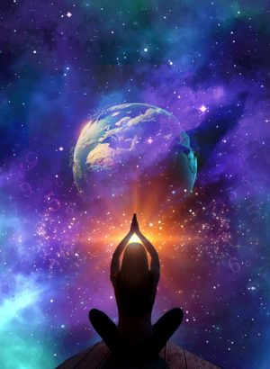 Imagem ilustrativa sobre a Federação Galáctica mostrando uma pessoa meditando de frente para o universo.